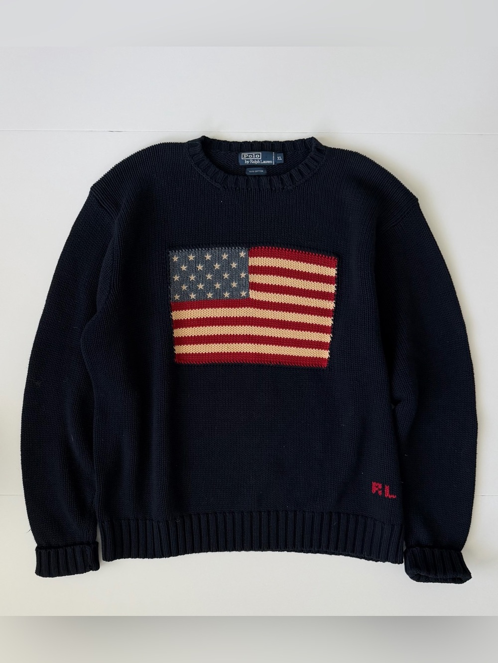 Vtg 90s Polo Ralph Lauren Men’s USA American Flag Cotton Sweater XL